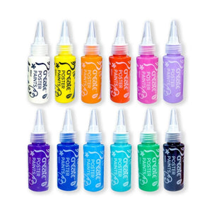 12 different coloured poster paint bottles with nozzles on a white background