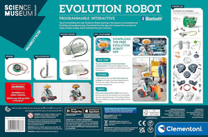 Box of Clementoni Evolution Robot with various features and specifications on a blue background