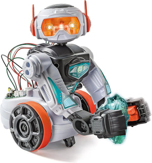 Toy robot with orange and gray colors on a white background