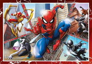 Spider-Man and his allies in a cityscape with a red border