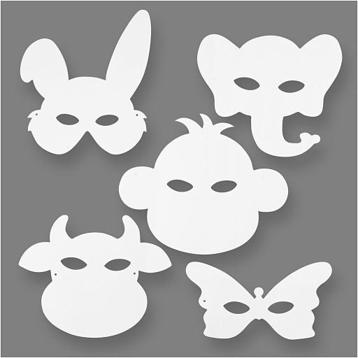 Animal Masks, H: 13-24 Cm, W: 20-28 Cm, 16 Pcs, White