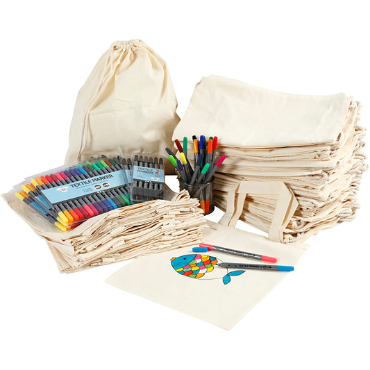 Drawstring and shopping bags with marker