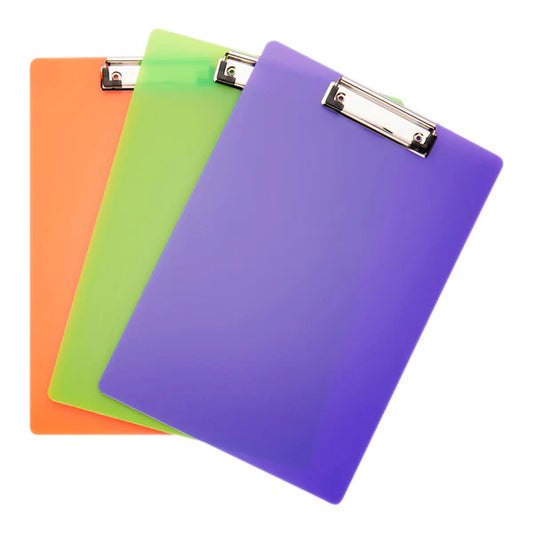 Three colorful clipboards in orange, green, and purple on a white background