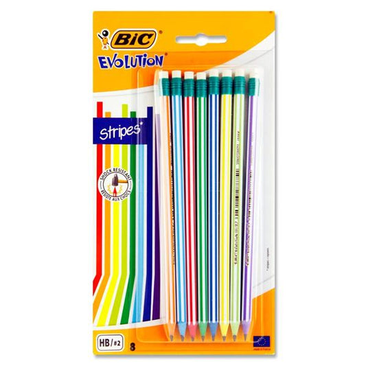 Bic 8 Evolution Pencils & Erasers Hb - Stripes