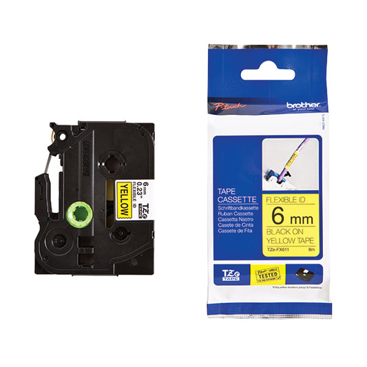 Brother TZe P-Touch Labelling Tape 6mm x 8m Black on Yellow TZEFX611