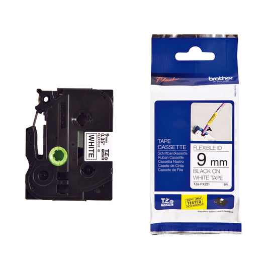 Brother P-Touch Labelling Tape Flexible-ID 9mm Black on White TZEFX221