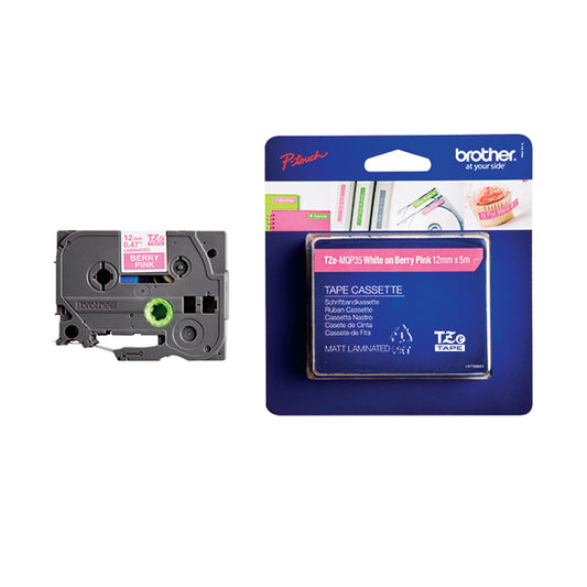 Brother P-Touch Labelling Tape 12mm x 5m White on Berry Pink TZEMQP35