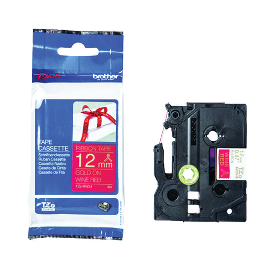 Brother P-Touch 12mm Gold On Red Labelling Tape TZERW34