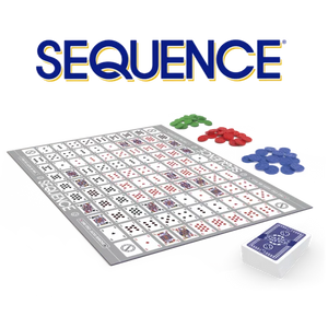 Sequence board game with board, cards, and markers on a white background
