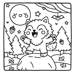 Cartoon wolf in a forest with trees, moon, and stars