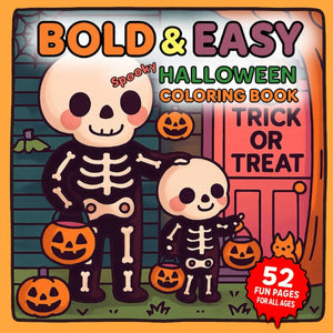 Cover of a Halloween coloring book with skeletons and pumpkins.