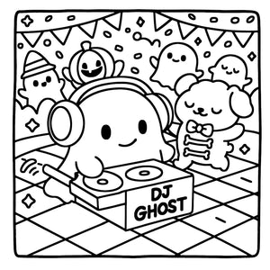 Cartoon ghost DJ with headphones and turntable, surrounded by other ghosts, on a checkered floor.