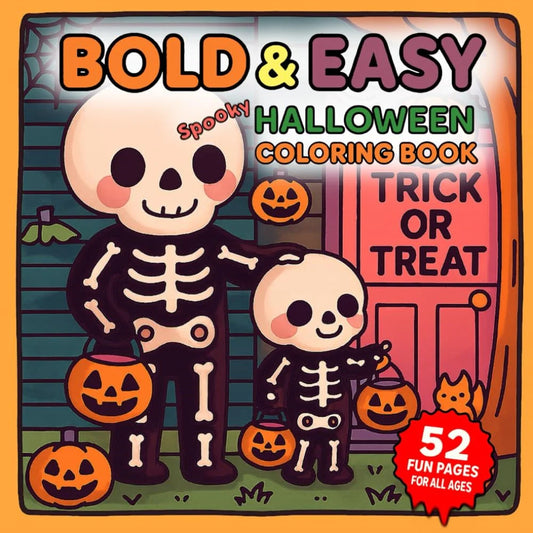 Cover of a Halloween coloring book with skeletons and pumpkins.