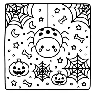 Halloween-themed colouring page with spider, pumpkins, and webs.