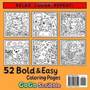 Coloring book cover with six black and white illustrations on an orange background, featuring the text 'Relax, Color, Repeat!' and '52 Bold & Easy Coloring Pages' by GoGo Scribble.