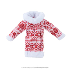 Elf on the Shelf - Claus Couture® Inline Sweater Dress in white and red with a fluffy polo neck on a white background