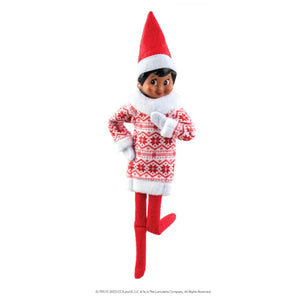Elf  wearing the Claus Couture® Inline Sweater Dress in white and red with a fluffy polo neck on a white background