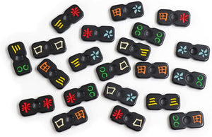 Set of small black game pieces with colorful symbols on a white background