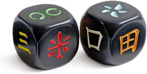 Two black dice with colorful symbols on a white background