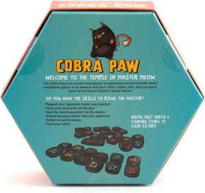 Hexagonal box of Cobra Paw game with character illustration and text on a teal background