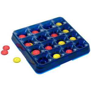 Board game with blue tray and colorful discs on a white background
