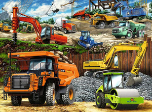 Collage of various construction vehicles on a construction site
