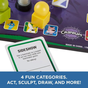 Board game with cards and Cranium logo, featuring text about game categories.