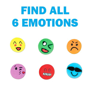 Emoticons representing different emotions on a white background with text 'FIND ALL 6 EMOTIONS'.