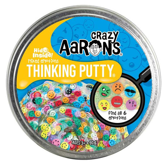 Crazy Aaron's Thinking Putty container with colorful emoji faces and a magnifying glass.