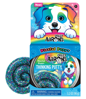 Crazy Aaron's Thinking Putty packaging with a colorful design featuring a puppy and rainbow elements.
