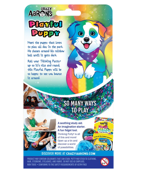 Crazy Aaron's Playful Puppy toy packaging with colorful design and text.