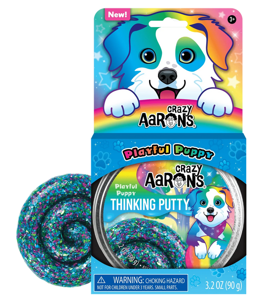 Crazy Aaron's Thinking Putty packaging with a colorful design featuring a puppy and rainbow elements.