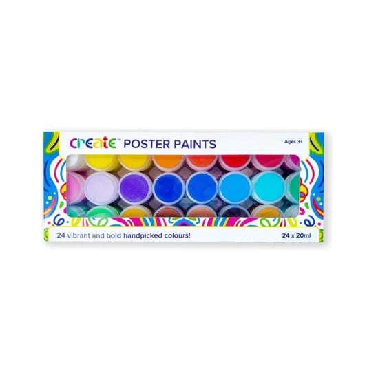 Create Poster Paint Set packaging showing 24 tubs of paint in a colourful box
