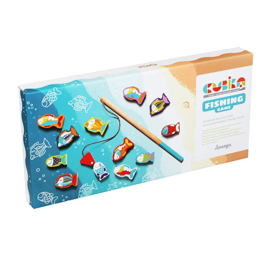 Cubika fishing game packaging with colorful fish and rod illustration on a white background