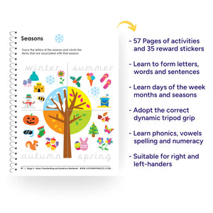 Children's handwriting workbook with seasonal illustrations and text about its features.