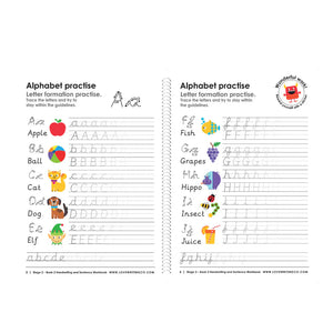 Two pages of alphabet practice worksheets with letter formation guides and illustrations.