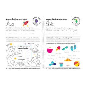 Two educational handwriting worksheets with alphabet sentences and illustrations on a white background.