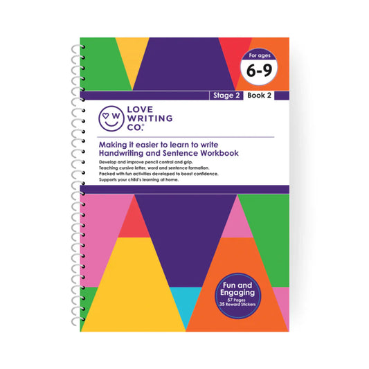 Handwriting workbook with colorful geometric design on a white background