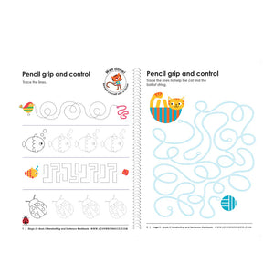 Educational handwriting worksheet for pencil grip and control with a cat illustration on a white background.