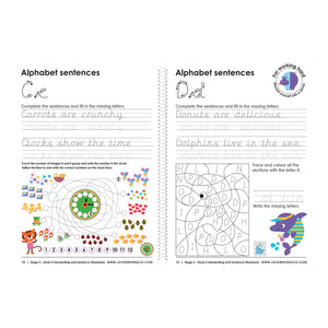 Educational handwriting worksheet with alphabet sentences and activities on a white background