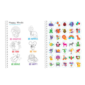 Children's spiral-bound handwriting workbook with motivational phrases and colorful illustrations on a white background