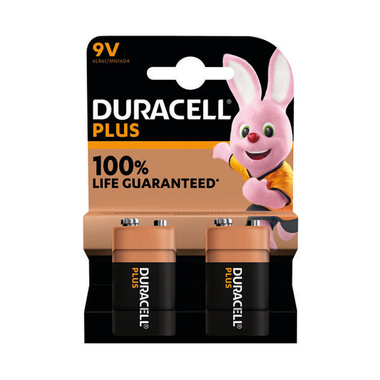 Duracell Plus 9V Battery Alkaline 100% Life (Pack of 2) 5011416