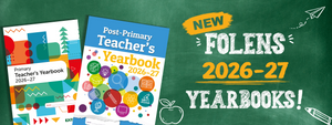 Promotional banner for Folens 2026-27 yearbooks with colorful book covers on a green chalkboard background.