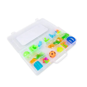 Colorful sensory fishing lures in a transparent box on a white background