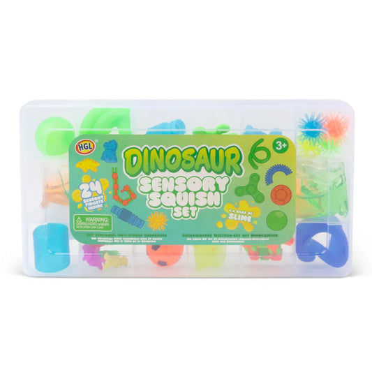 Dinosaur sensory squish set packaging with colorful squishes inside