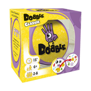 Box of Dobble Classic game with yellow and purple design