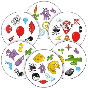 Set of small round stickers with various designs on a white background