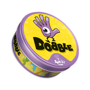Dooble board game container with purple lid and yellow label on a white background