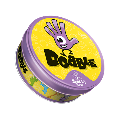 Dooble board game container with purple lid and yellow label on a white background
