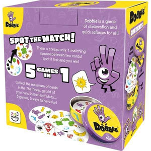 Purple and yellow box of Dobble board game with game pieces visible
